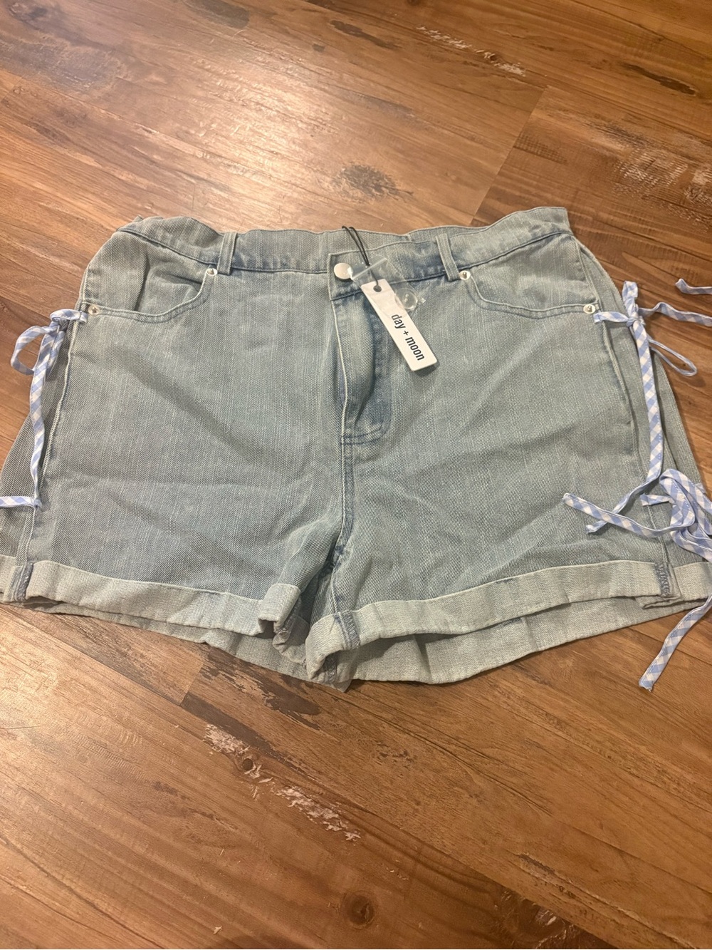 Light Wash Denim Shorts with Side Tie Detail - Boutique Style
